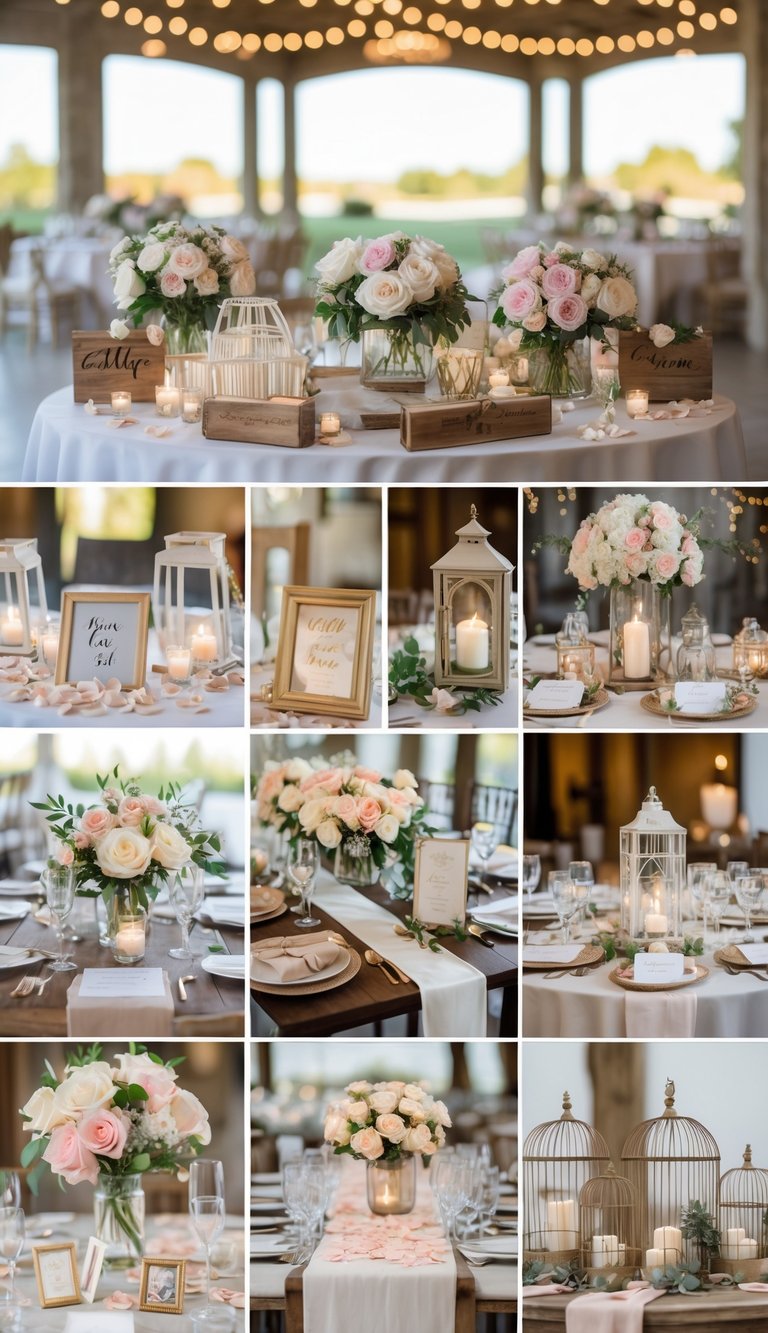 A variety of decorated wedding entry tables featuring flowers, candles, signs, and decorative items arranged in a bright venue.